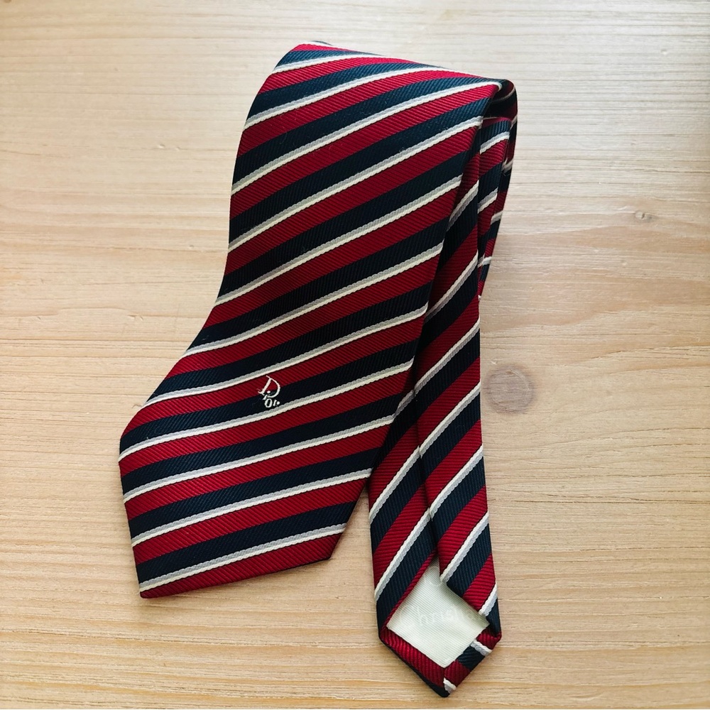 Christian Dior Vintage Red Navy Blue Striped Mens Designer Luxury Patriotic Tie